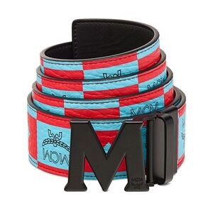 NWT MCM ‘Claus’ Blue/Red Checkerboard Reversible Checkerboard Leather Belt